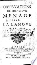 Observations de Monsieur Menage sur la langue françoise